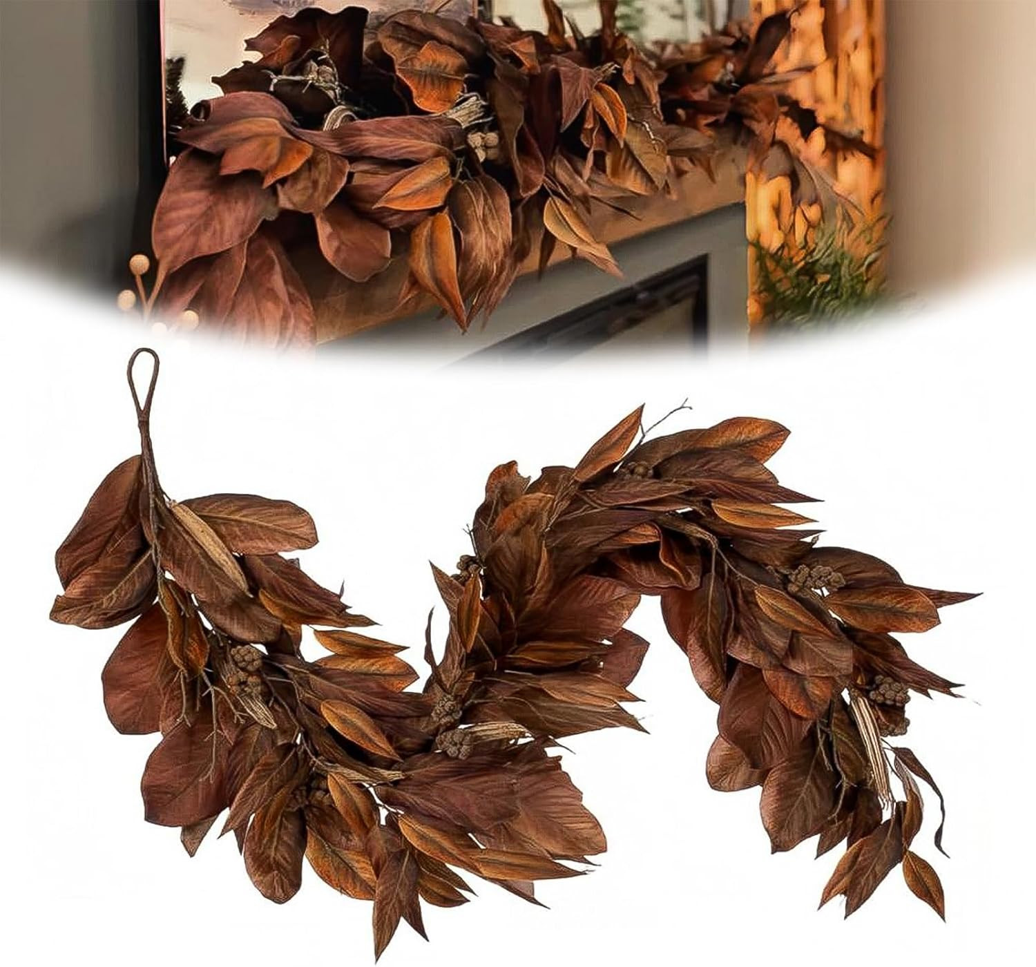 Brown Magnolia Leaf Garland - 6Ft, Garland Realistic Artificial Autumn Magnolia Leaves, Rustic Fa... | Amazon (US)