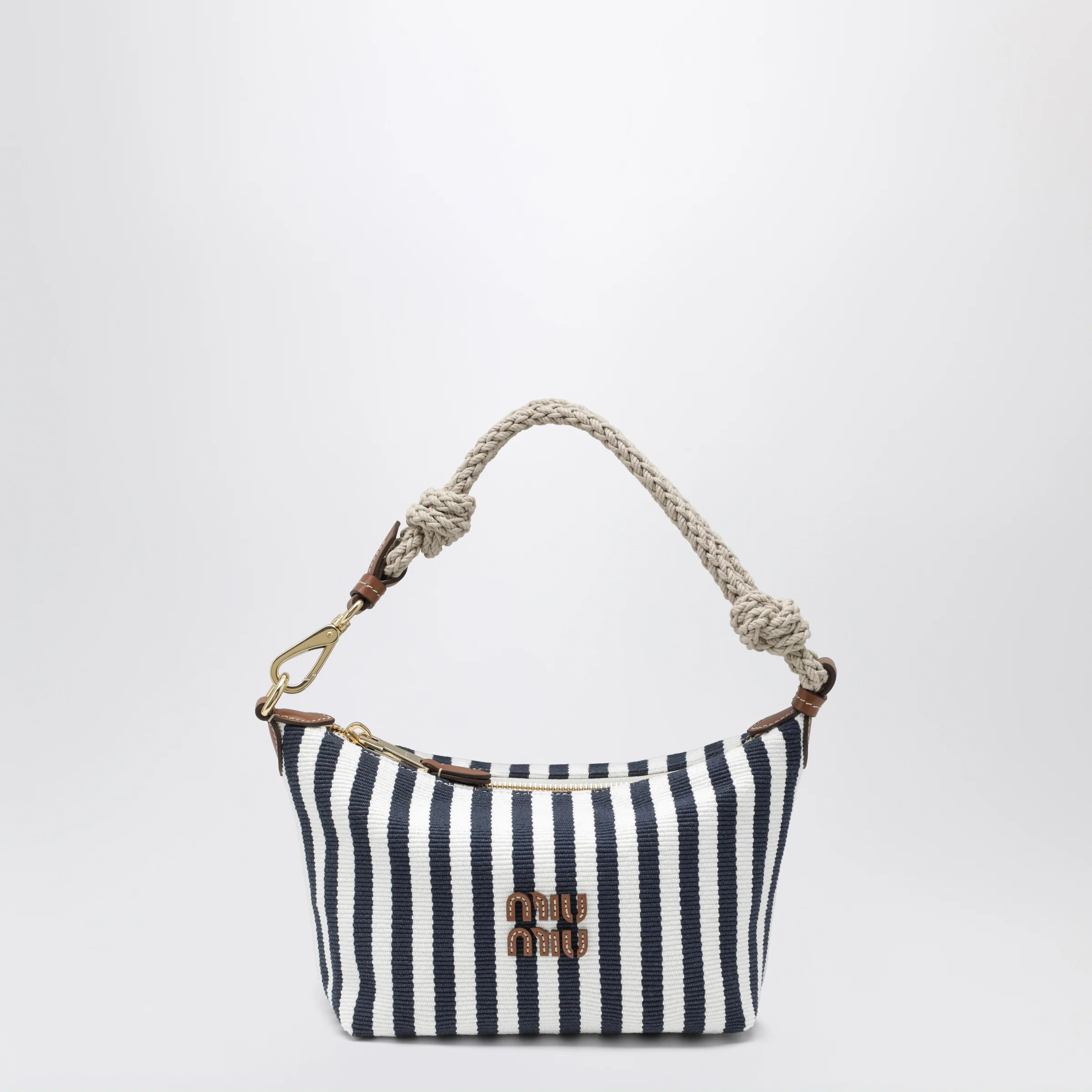 Striped jacquard cotton and leather pouch, blue/cognac | The Double F