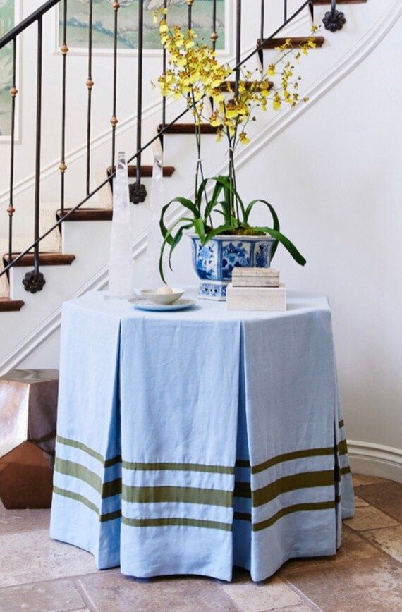 Light Blue Round Tableskirt Pleated Linen With Grosgrain Trim | Etsy | Etsy (US)