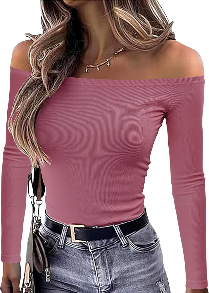 OwnTime Womens Off The Shoulder Tops Sexy Long Sleeve Shirts Fall Ribbed Knit Slim Fit Going Out ... | Amazon (US)