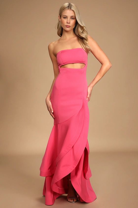 Fabulous Festivities Hot Pink Strapless Ruffled Trumpet Dress | Lulus (US)