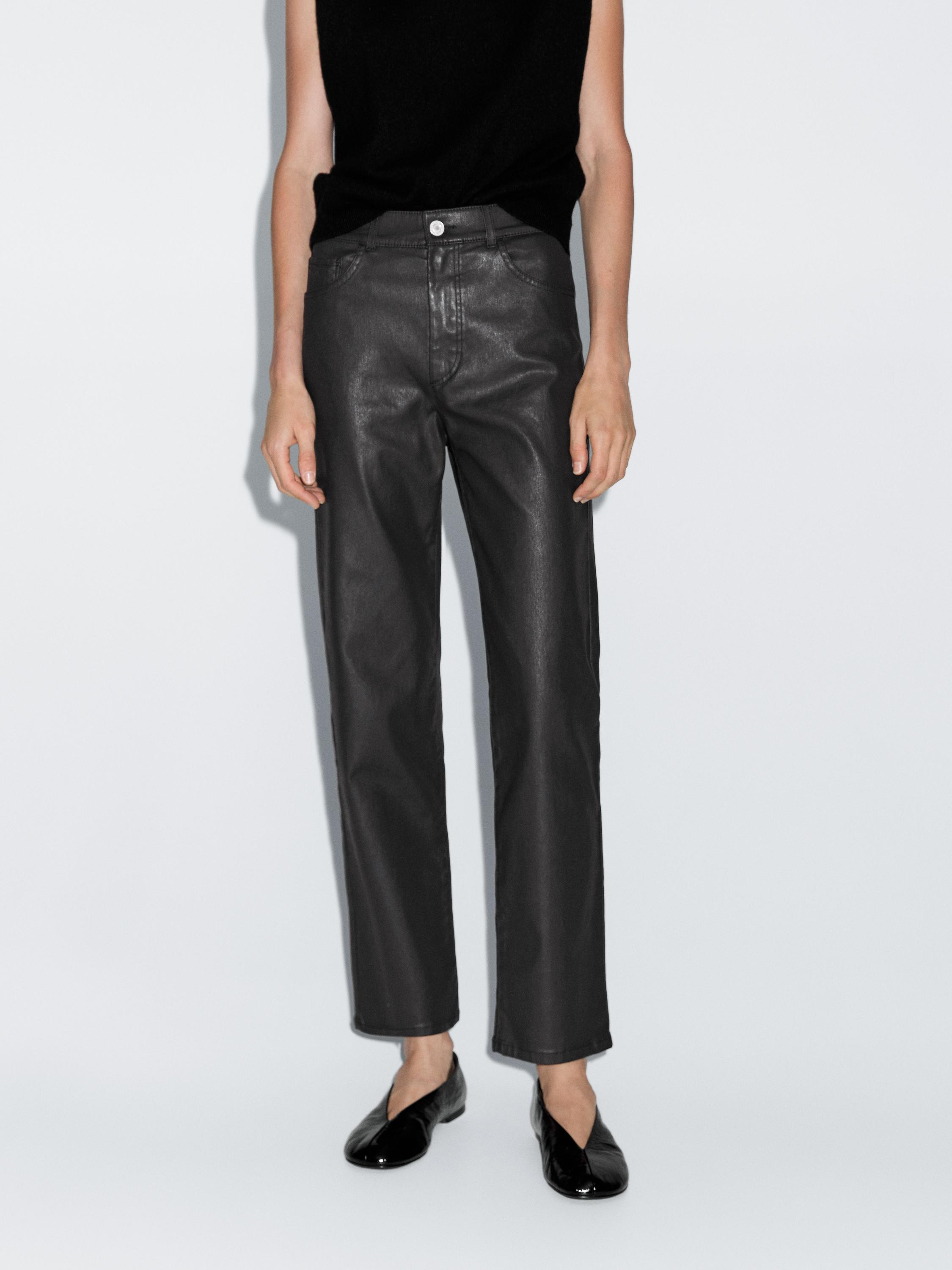 High-waist straight-leg waxed trousers | Massimo Dutti US