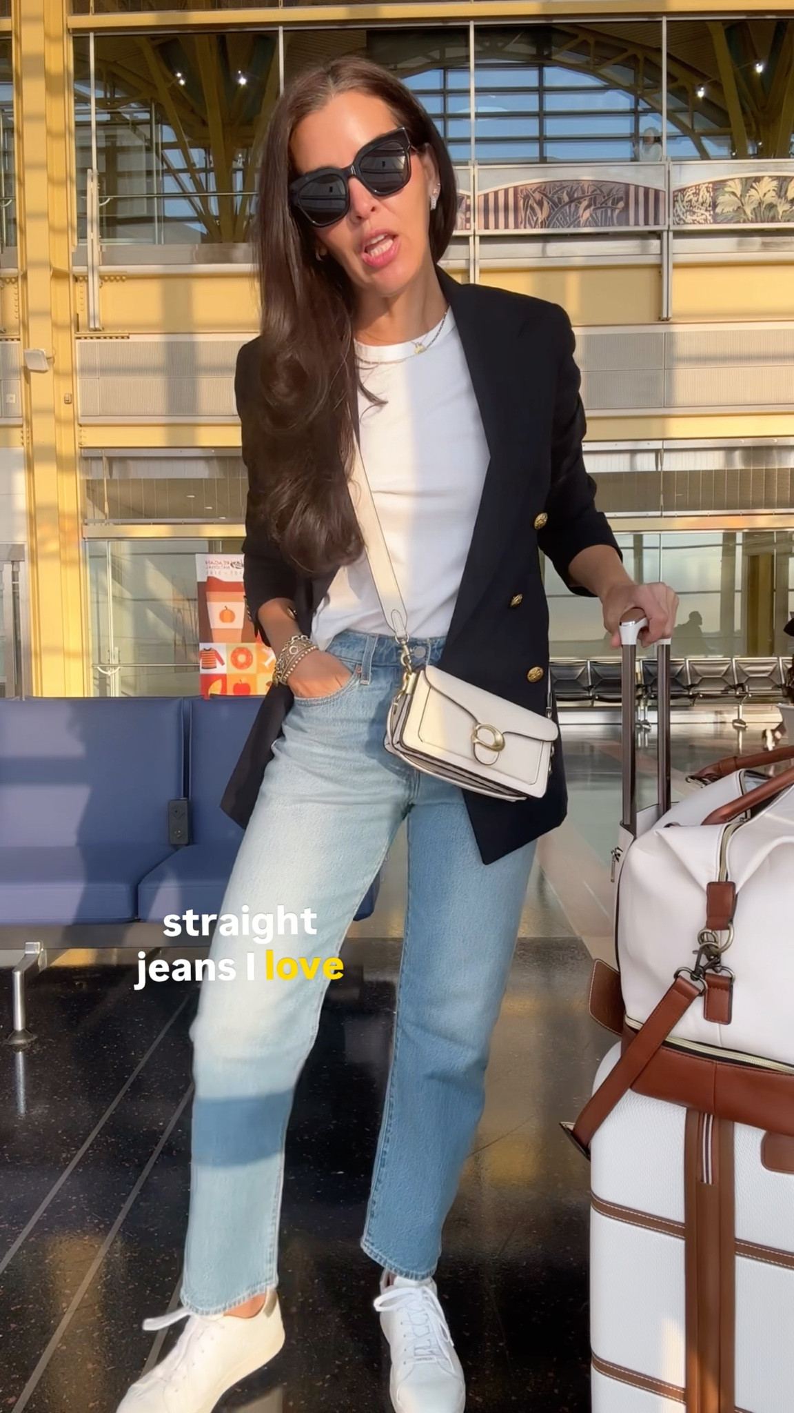 Sizing and deep!✈️Size M in tshirt. Size 6 in blazer. I’m wearing the navy color. Jeans have no stretch, I size up 2 sizes to a 29 for a relax look. Size up in shoes ! They run small. 

#LTKSeasonal #LTKOver40 #LTKTravel