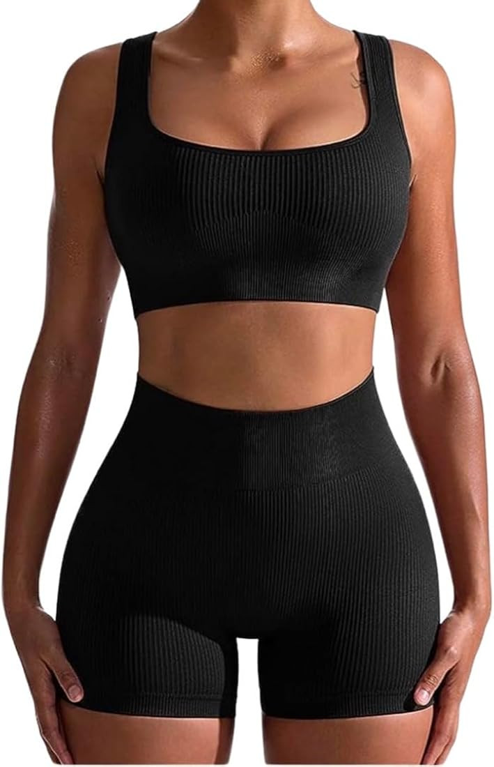 Workout Outfits for Women 2 Piece Seamless Ribbed High Waist Leggings with Sports Bra Exercise Se... | Amazon (US)
