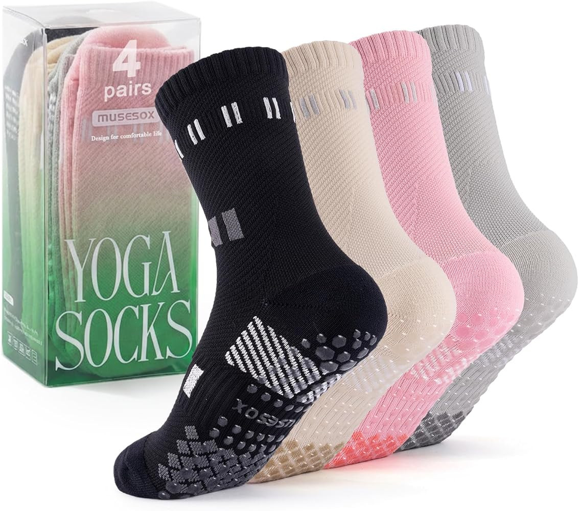 4 Pairs Non-Slip Pilates Socks for Women,Yoga Socks with grips,Crew Grippy Socks | Amazon (US)