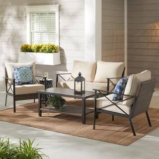 Hampton Bay Northport 4-Piece Wicker Outdoor Patio Deep Seating Set with Tan Cushions and Coffee ... | The Home Depot