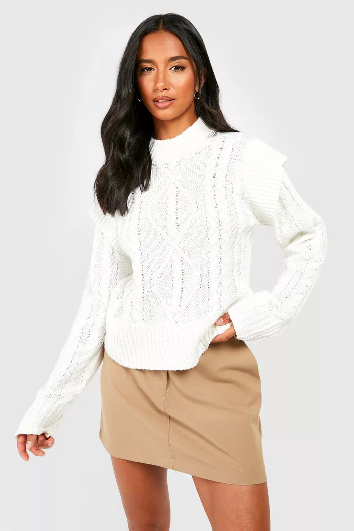 Petite Cable Knit Sweater With Shoulder Detail | boohoo (US & Canada)