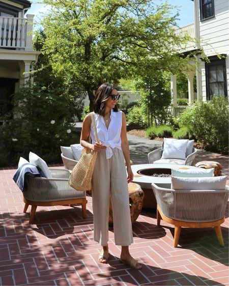 Linen vacation outfit / 

Relaxed beige pants PP recommend sizing down! 
Sandals tts Everlane 


Summer / raffia tote / Sonoma 

#LTKtravel #LTKstyletip