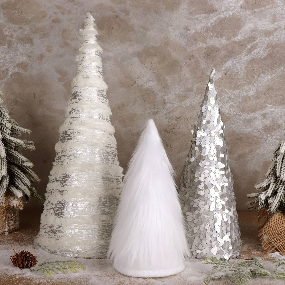 Christmas Table Decor, 3pcs Silver & White Cone Christmas Trees with Glitter Sequins Plush Fur an... | Amazon (US)