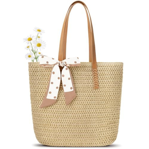 Trifabricy Beach Bags for Women, Large Straw Beach Bag, Woven Beach Tote Bag Shoulder Handbags, Packable Straw Bag Beach Purse for Summer Vacation, Beige | Amazon (US)