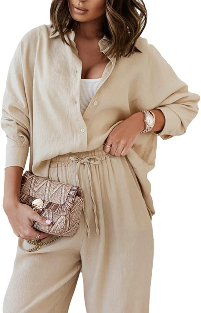 Amuver Women Autumn/Winter 2 Pieces Outfits, Solid Color Turn-Down Collar Long Sleeve Button Shirts  | Amazon (US)