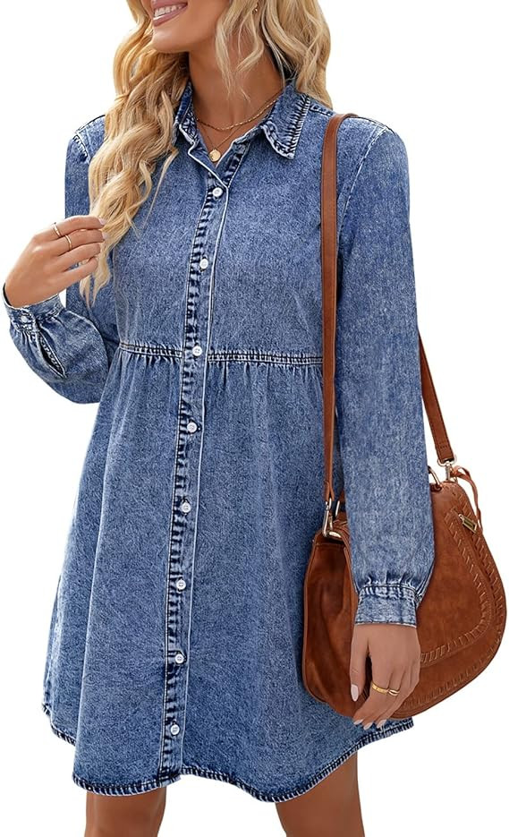 LookbookStore Women's Jean Dress Flowy Button Down Babydoll Short Denim Shirt Dresses | Amazon (US)
