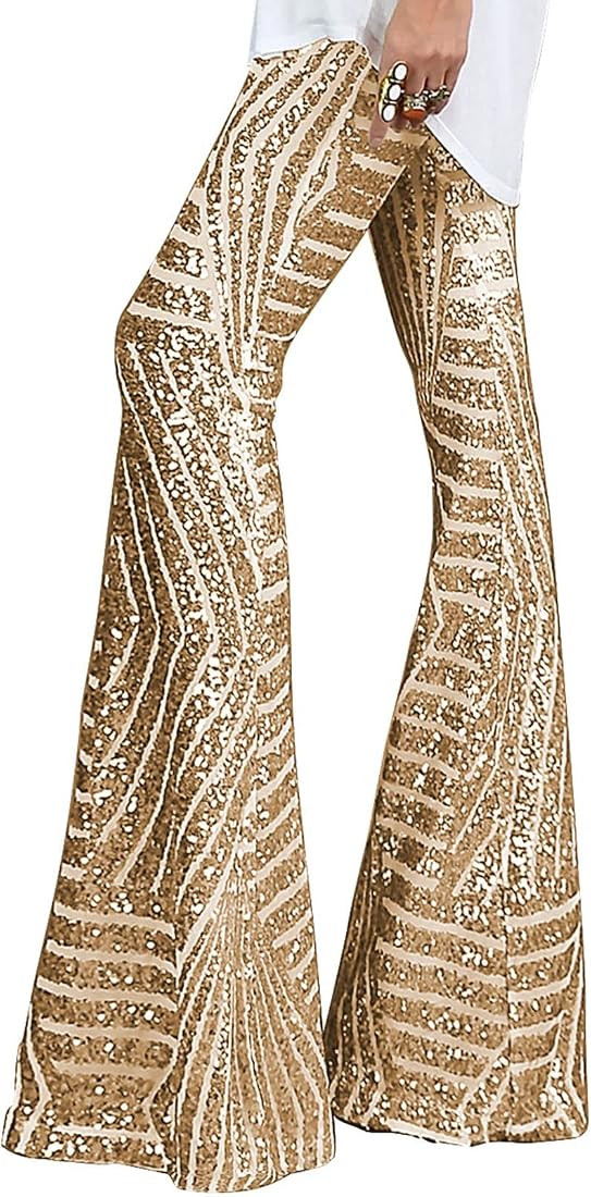 AZOKOE Women High Waist Wide Leg Palazzo Lounge Pants Sequin Bell Bottoms Trousers | Amazon (US)