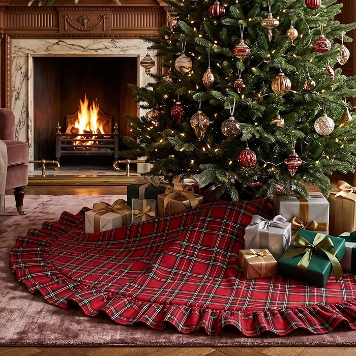 Hungdao Red Tartan Christmas Tree Skirt with Ruffle Edge Bow, 48 Inch | Amazon (US)