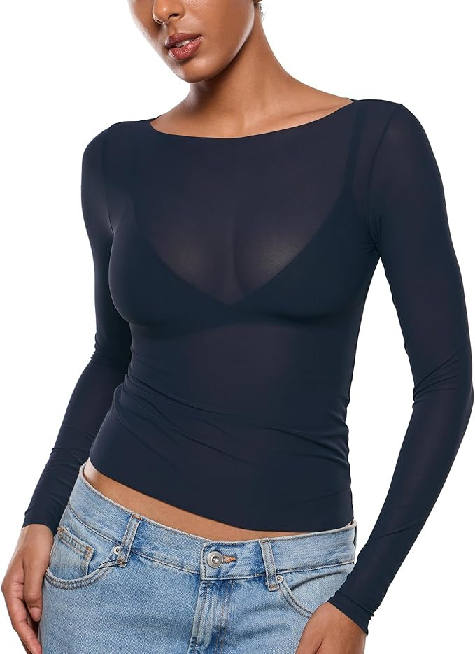 INLYRIC Women's Cosnufy Mesh Sheer Long Sleeve Tops See Through Boat Neck Going Out Tops Trendy S... | Amazon (US)