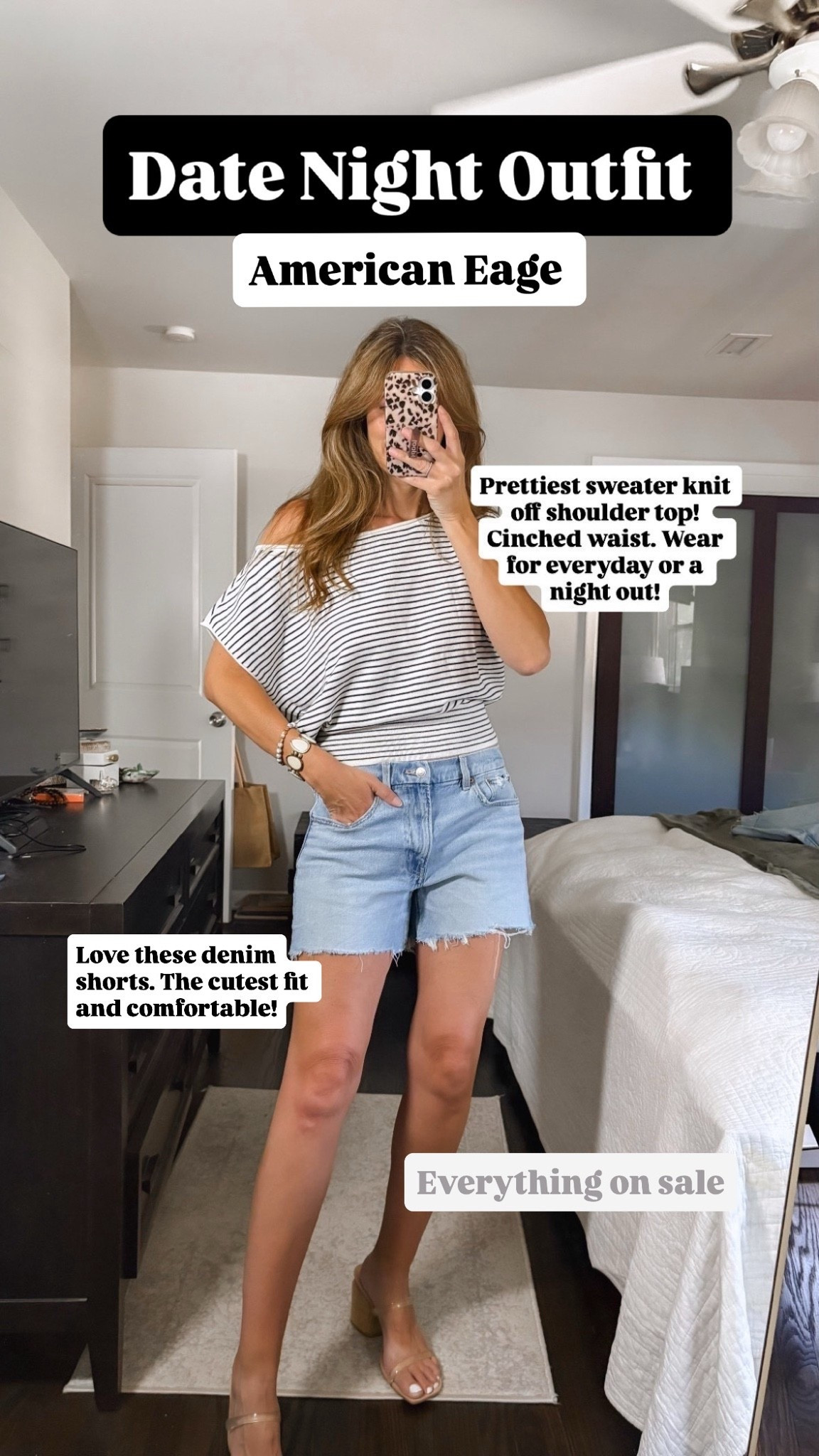 Off shoulder striped AE top. Medium 

Low rise denim shorts. Size 4

AE date nights

#LTKootd #LTKSaleAlert