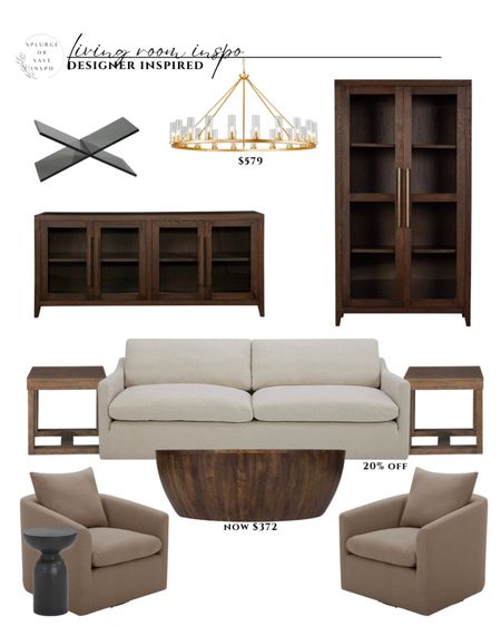 Designer inspired. Look for less. Brown tall cabinet. White sofa modern. White sofa comfy. Swivel accent chairs brown. Round coffee table drum. Rustic coffee table wooden. Brown sideboard dark woods round chandelier brass. 

#LTKFind #LTKsalealert #LTKhome