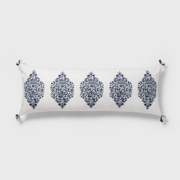 Oblong Oversized Embroidered Medallion Tassel Decorative Throw Pillow White/Blue - Threshold™ | Target