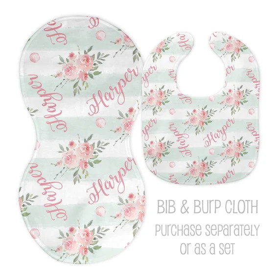 Personalized Baby Girl Vintage Pink Flower Bib & Burp Cloth - Floral Baby Shower or Welcome Baby ... | Etsy (US)