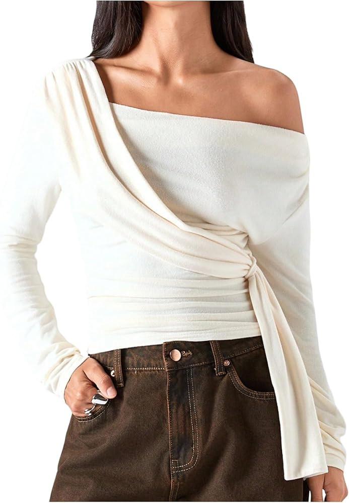 Women's Off The Shoulder Tops Asymmetrical Tie Long Sleeve T Shirts Ruched Elegant Tee Top | Amazon (US)