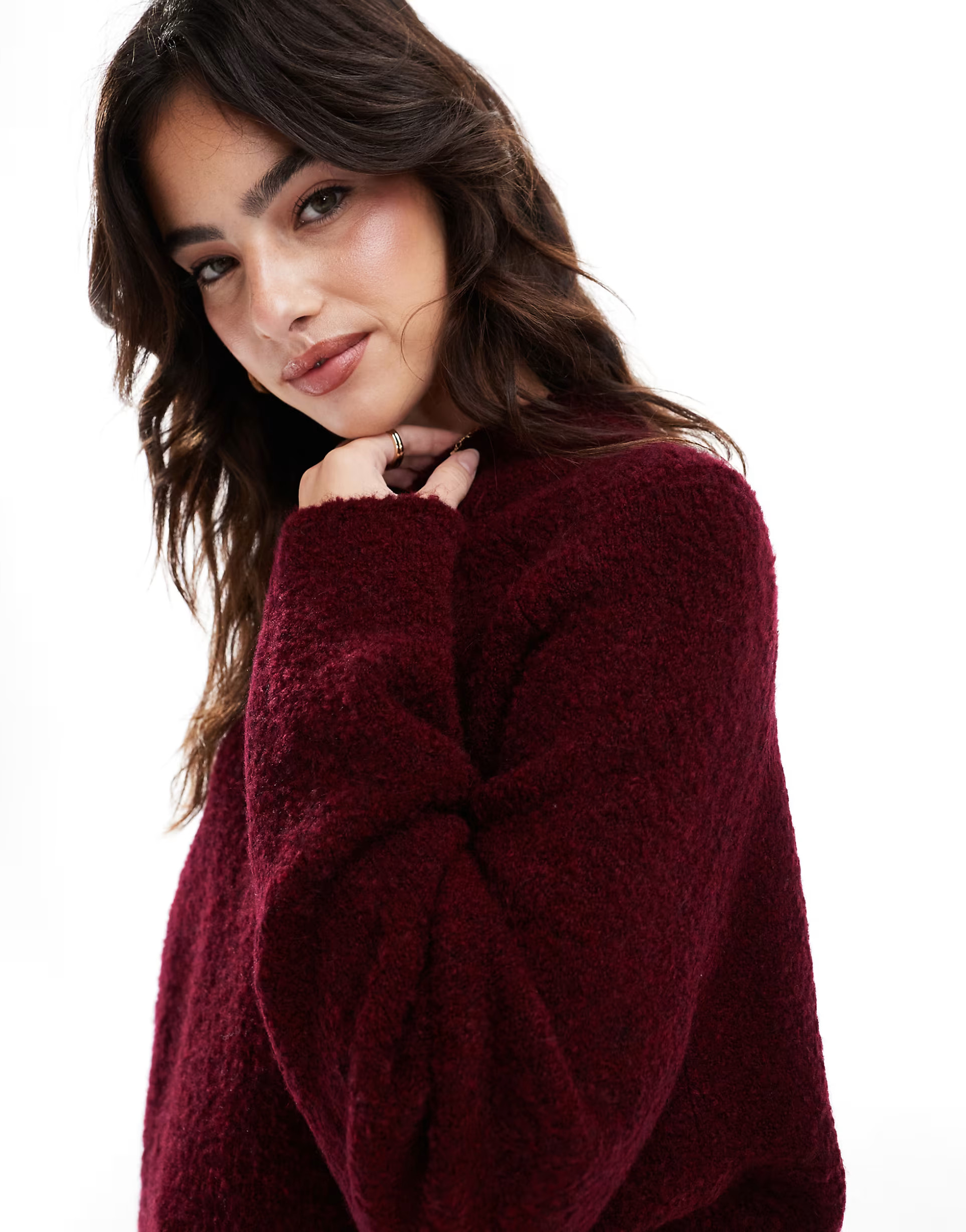 ASOS DESIGN crew neck oversized boucle sweater in burgundy | ASOS | ASOS (Global)