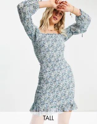 Influence Tall square neck shirred mini dress in blue floral | ASOS (Global)