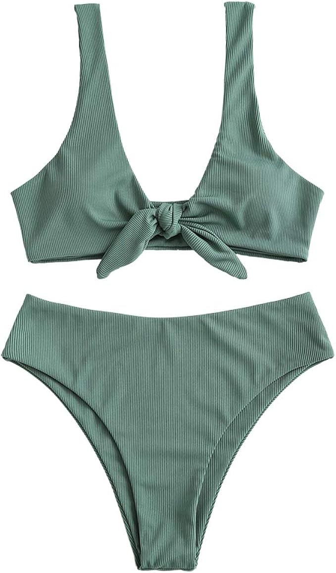 ZAFUL Women's Ribbed Tie Front Knot Bikini High Waisted Bikini Ditsy Floral High Cut Bikini Swims... | Amazon (US)