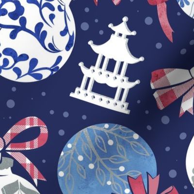 Merry Christmas  - Chinoiserie Ornaments // silver white blue and red | Spoonflower