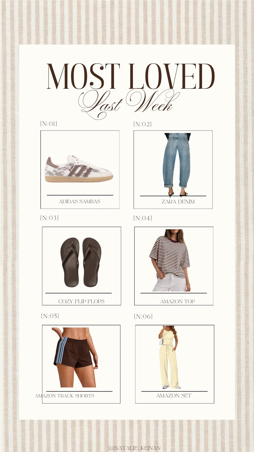 Your favorites from last week!
Adidas sambas
Zara denim
Cozy flip flops 
Amazon striped shirt
Amazon track shorts 
Amazon set

#LTKootd #LTKgrwm #LTKdayinmylife