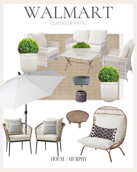 Walmart outdoor patio furniture.  Dining table and chairs, conversation set, outdoor umbrella, faux tree, fluted planter, pillows, Walmart finds, look for less