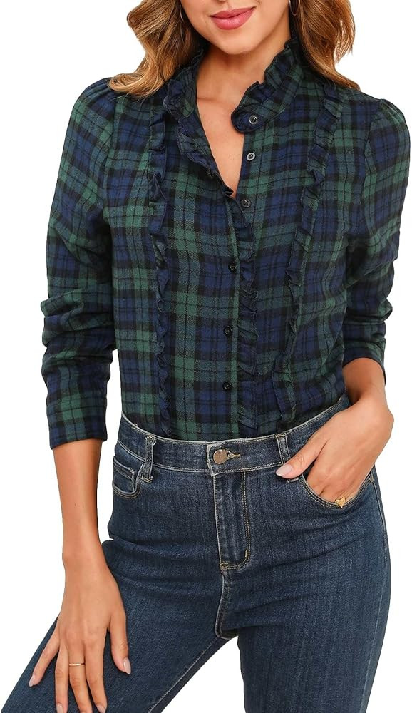 Women's Plaid Button Down Tops Ruffle Collar Tartan Blouse Casual Long Sleeve Cotton Shirts Green... | Amazon (US)