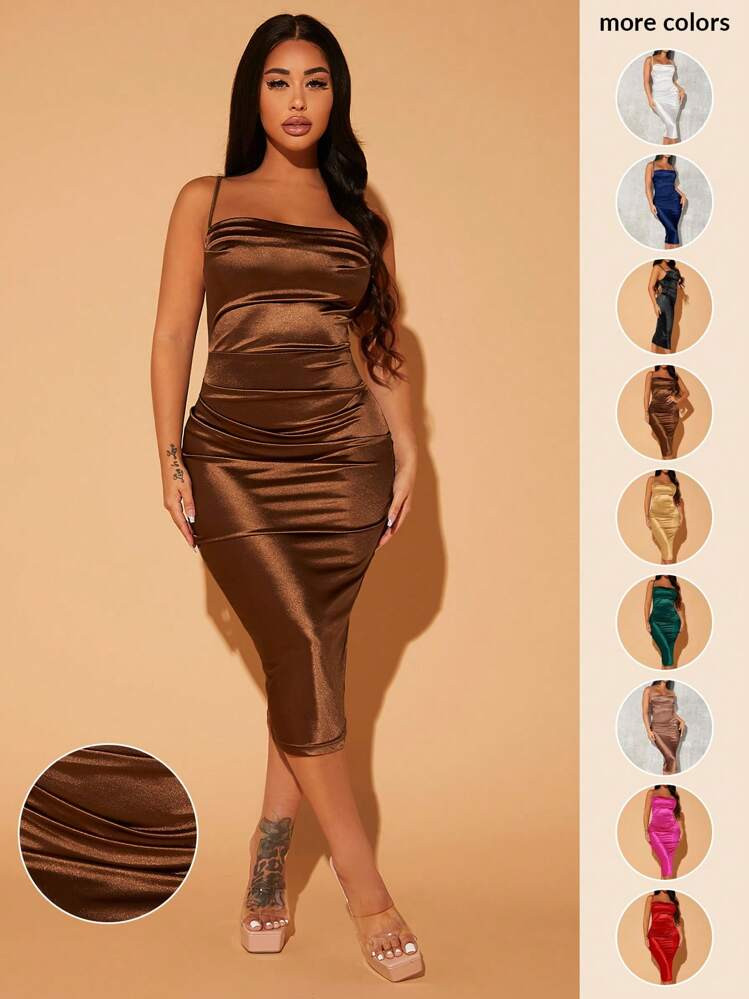 SHEIN SXY Prom Dress;Summer;Draped Collar Backless Satin Bodycon Dress | SHEIN