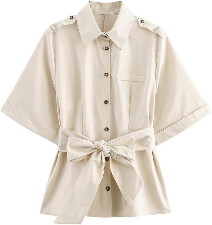 KEOMUD Women's Spring Fall Button Down Shirt with Belt,Casual Short Sleeve Blouse Tops for Office... | Amazon (US)