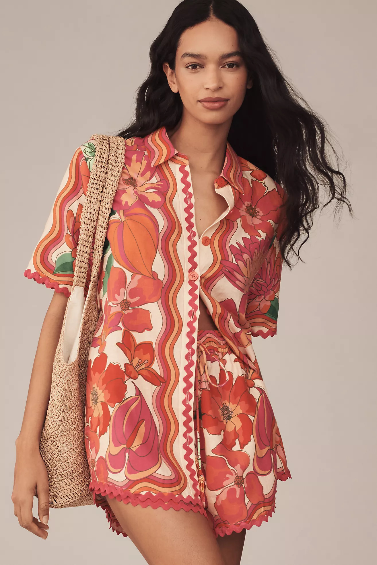 Farm Rio Spring Affair Linen Short-Sleeve Buttondown Shirt | Anthropologie (US)