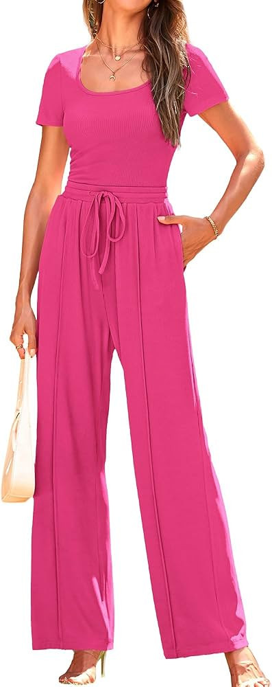 BTFBM Women's Casual 2 Pieces Outfits Square Neck Short Sleeve Shapewear Bodysuit Drawstring Pant... | Amazon (US)