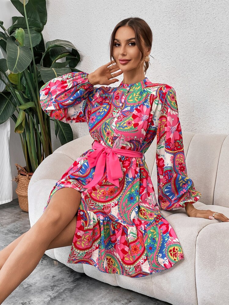 Paisley Print Lantern Sleeve Ruffle Hem Belted Dress | SHEIN