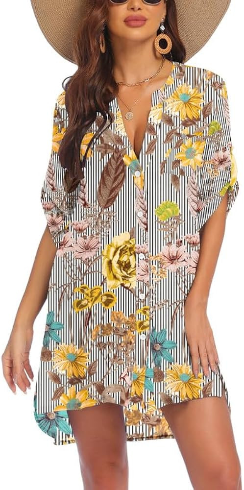 AI'MAGE Women's Swimsuit Cover Ups Shirt V-Neck Button Down Bathing Suit Coverups Beach Tunic Top... | Amazon (US)