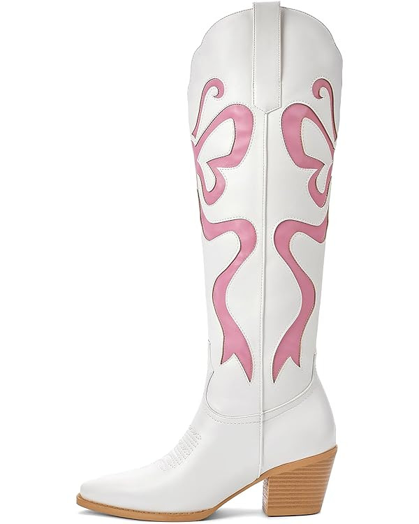 Cowgirl Boots - Womens Cowboy Boots with Colorful Bows Embroidered Western White Knee-High Boots ... | Amazon (US)