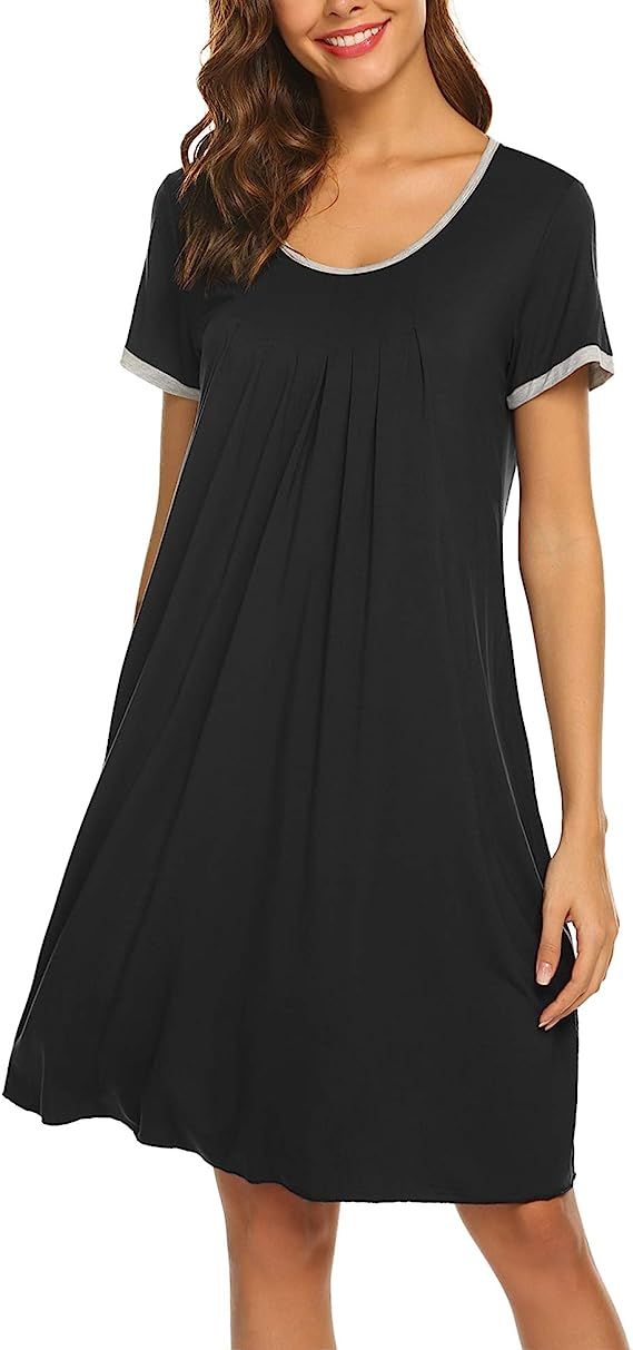 Ekouaer Women's Nightgown Short Sleeve Sleepwear Comfy Sleepshirts Pleated Scoopneck Nightshirt S... | Amazon (US)