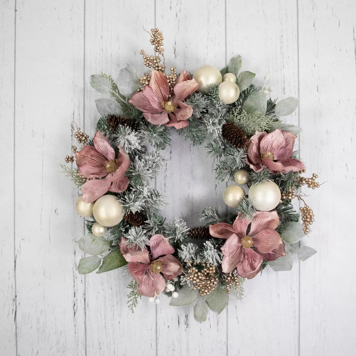 Northlight Floral and Ball Ornament Frosted Pine Artificial Christmas Wreath - 24" -Pink - Unlit | Target