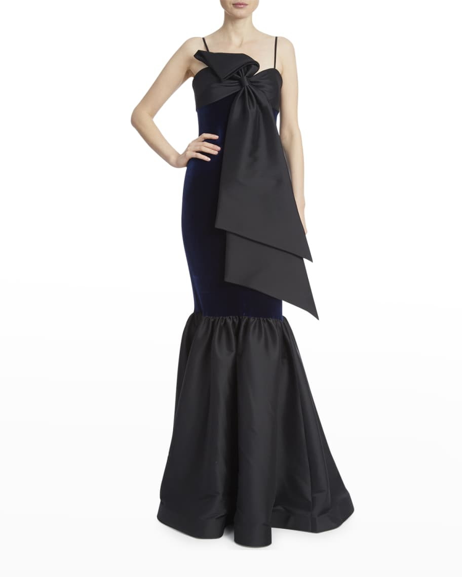 Badgley Mischka Collection Two-Tone Bow Velvet Mermaid Gown | Neiman Marcus