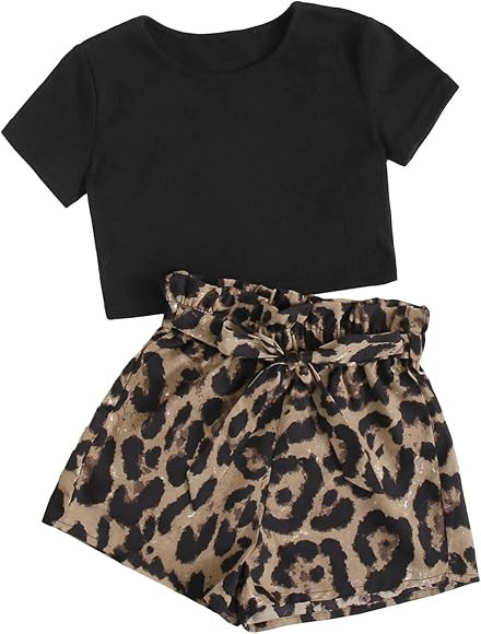 SOLY HUX Girl's 2 Piece Outfits Short Sleeve Crop Top and Leopard Print Shorts Set | Amazon (US)