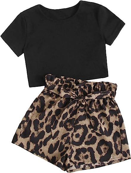 SOLY HUX Girl's 2 Piece Outfits Short Sleeve Crop Top and Leopard Print Shorts Set | Amazon (US)