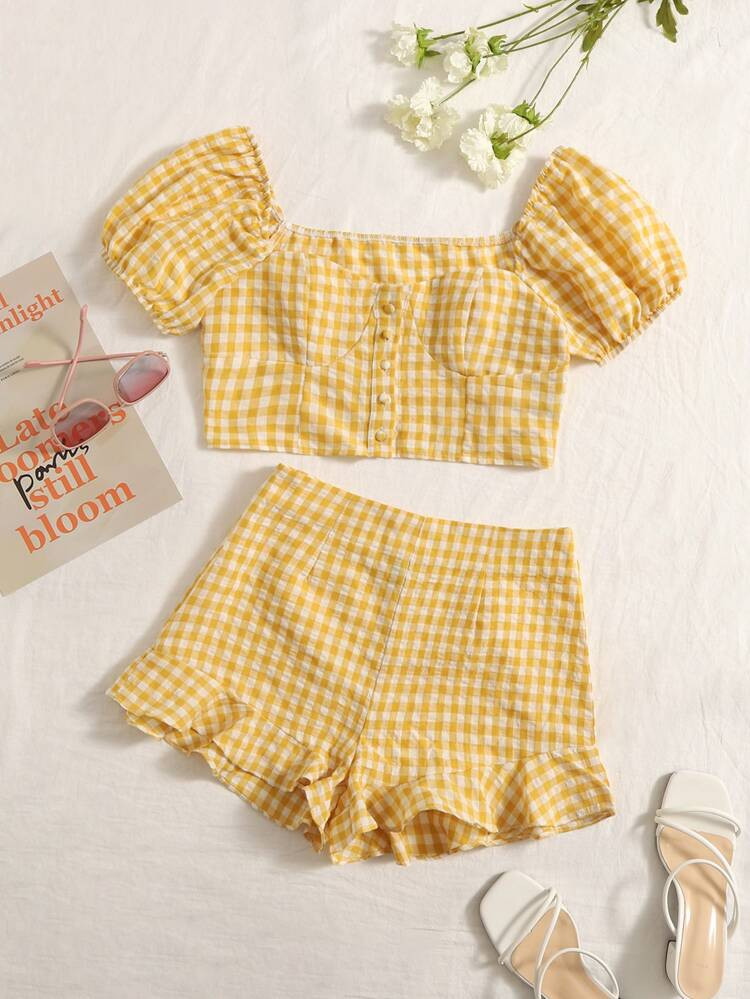 SHEIN Gingham Puff Sleeve Top & Ruffle Hem Shorts Set | SHEIN