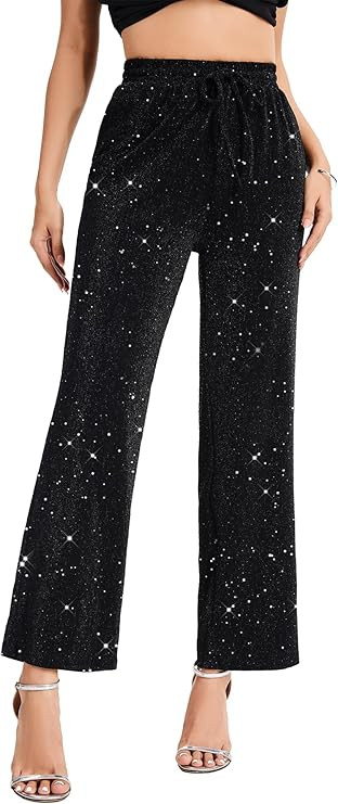 PEIQI Women High Elastic Waist Wide Leg Palazzo Pants Bling Glitter Casual Loose Long Sparkle Pan... | Amazon (US)