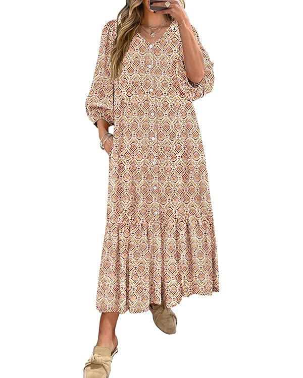 ANRABESS Boho Maxi Dresses for Women Summer Puff Sleeve V Neck Flowy Long Casual Dress with Pocke... | Amazon (US)