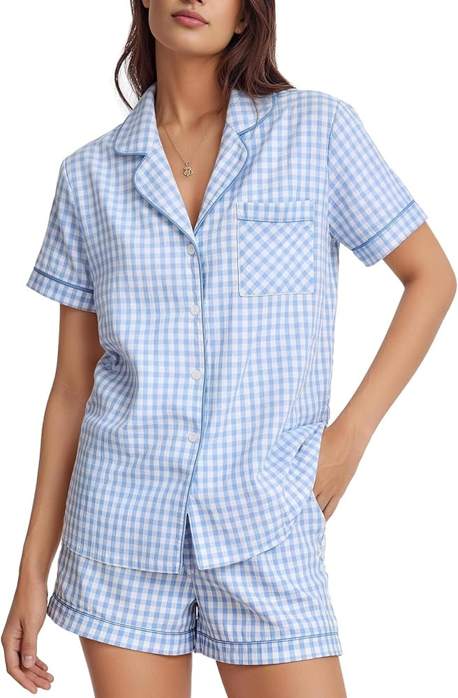 Flygo Womens Gingham 2 Piece Pajama Sets Cotton Short Sleeve Button Down Loungewear Cute Plaid Sh... | Amazon (US)