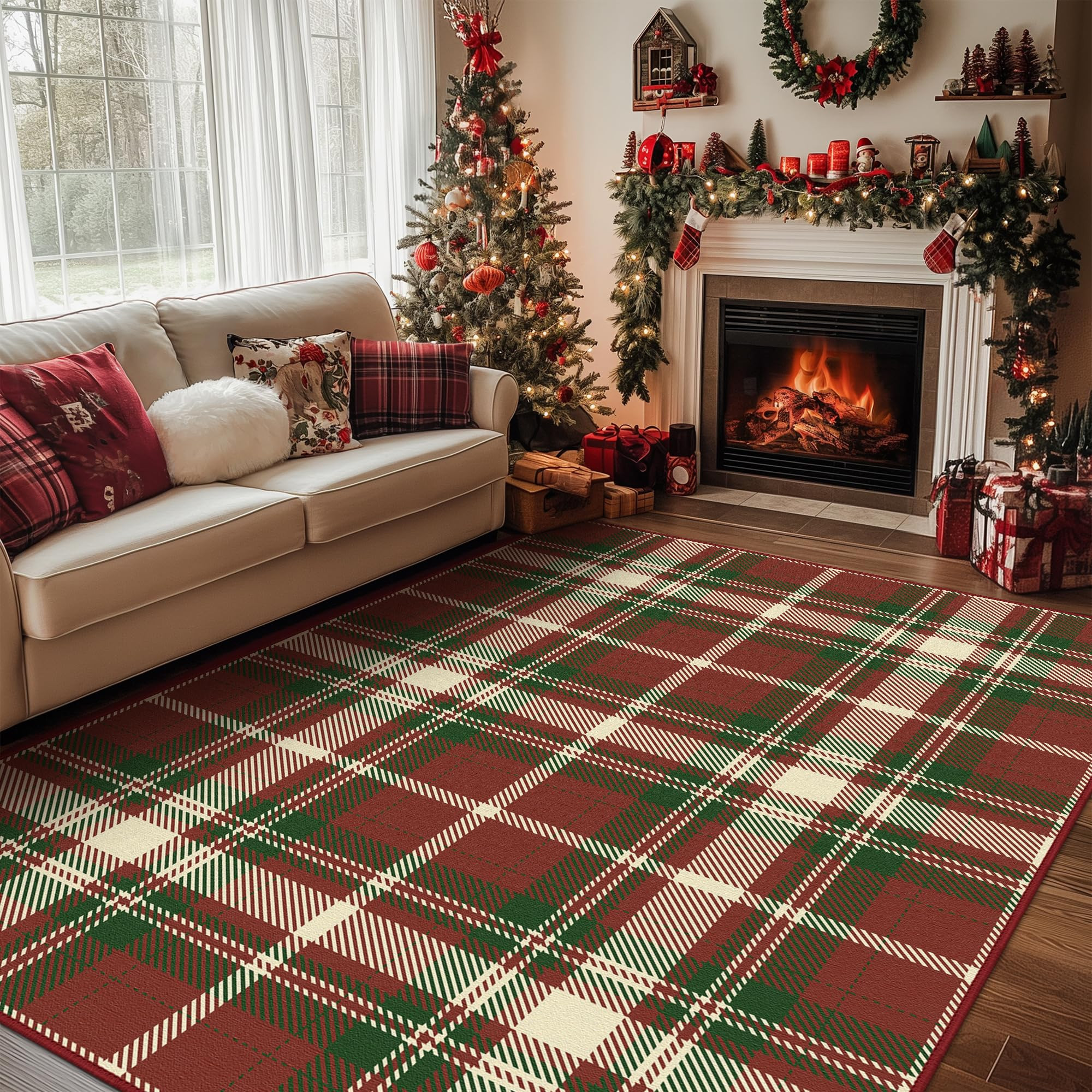 Christmas Area Rug 3x5 for Living Room Bedroom, Machine Washable Rug, Indoor Christmas Home Decor, Holiday Print Red Carpet, Low Pile Non Slip Rug with Rubber Backing, Red Striped Plaid Print | Amazon (US)