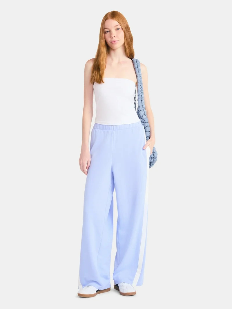 No Boundaries Wide Leg French Terry Pants with Side Stripes, 30'' Inseam, Women's | Walmart (US)