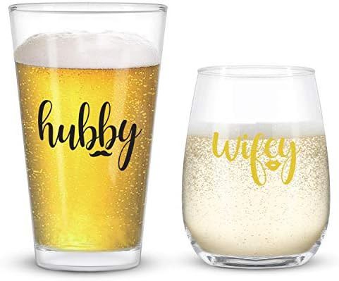 Wifey Hubby Stemless Wine Glass and Beer Glass, Couple Gifts for Couples Newlyweds Wife and Husba... | Amazon (US)